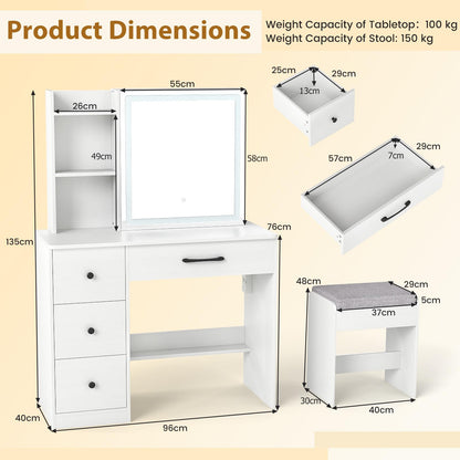 Makeup Table and Chair Set with 4 Drawers and Storage Shelves