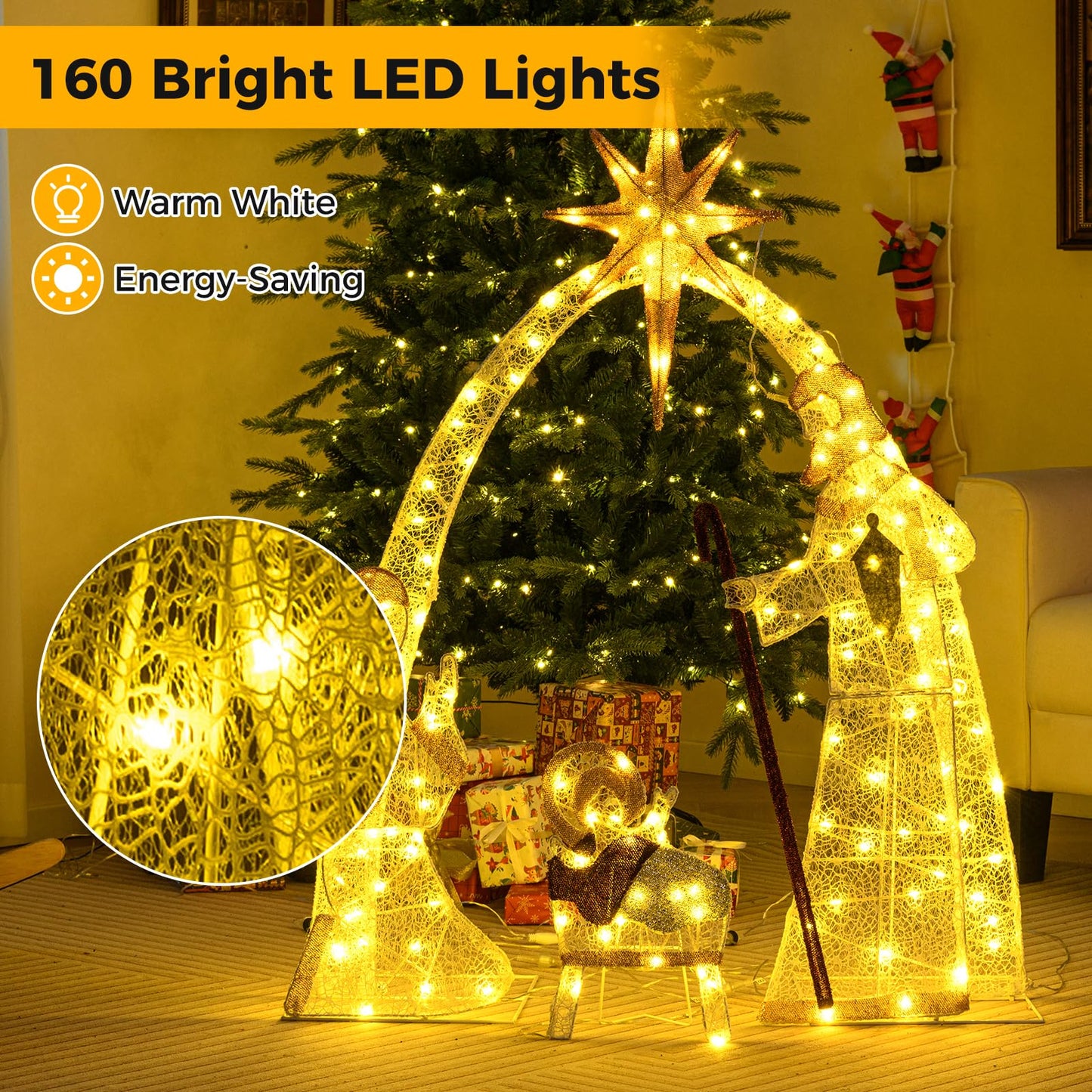 110 cm Christmas Nativity Set with 160 Warm White LED Lights and Zip Ties