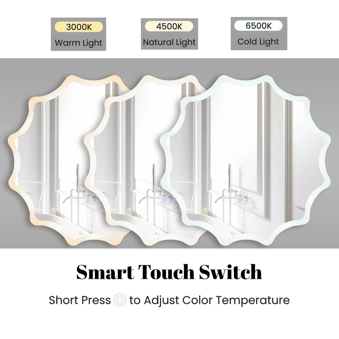 60 x 60 cm LED Waved Edge Round Wall Mirror with 3-Color Lights