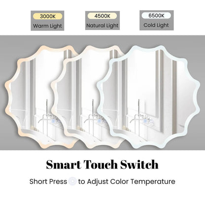 60 x 60 cm LED Waved Edge Round Wall Mirror with 3-Color Lights