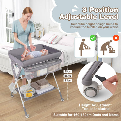 Baby Changing Table Foldable Infant Care Station with Wheels & Trash Can