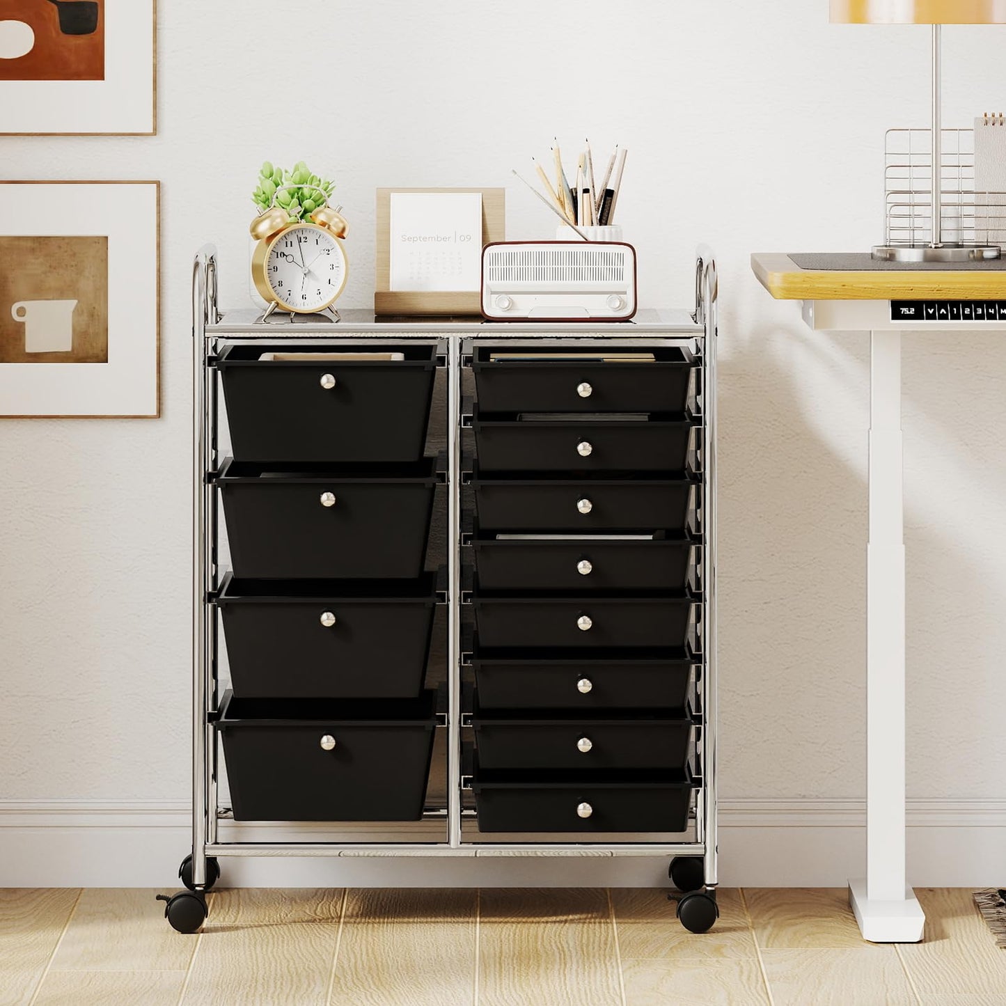 Storage Cart with 2-Size Drawer Rolling Cart Large Countertop Side Handles