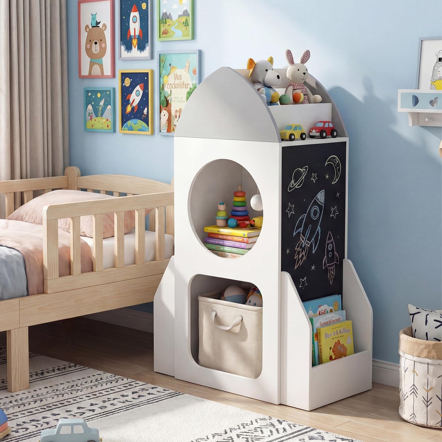 3-Tier Kids Bookshelf Rocket Space Theme Toddler Toy Storage Organizer with Chalkboard