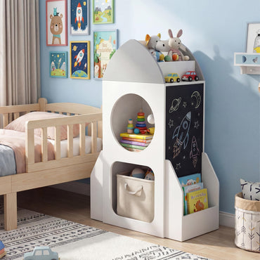 3-Tier Kids Bookshelf Rocket Space Theme Toddler Toy Storage Organizer with Chalkboard