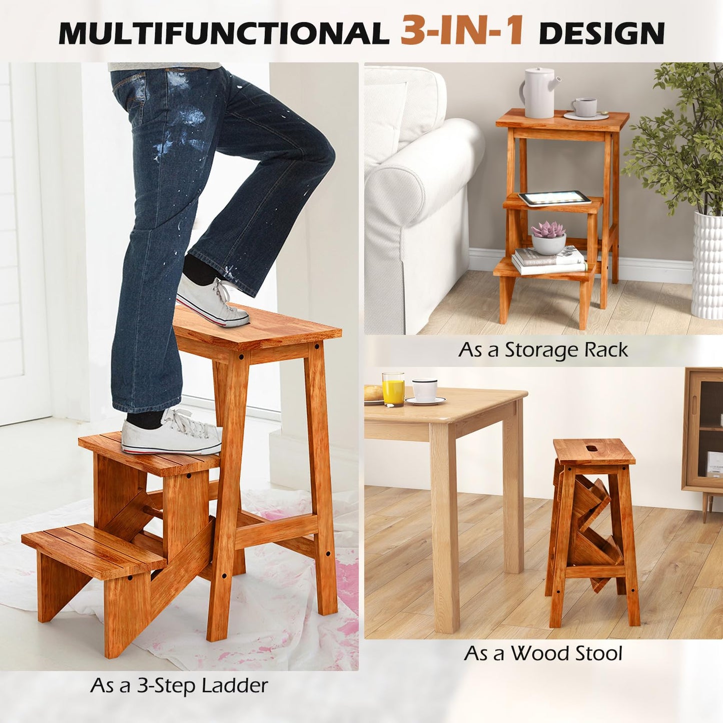 3 Tier Folding Step Stool Rubber Wood Ladder Chair with Handle
