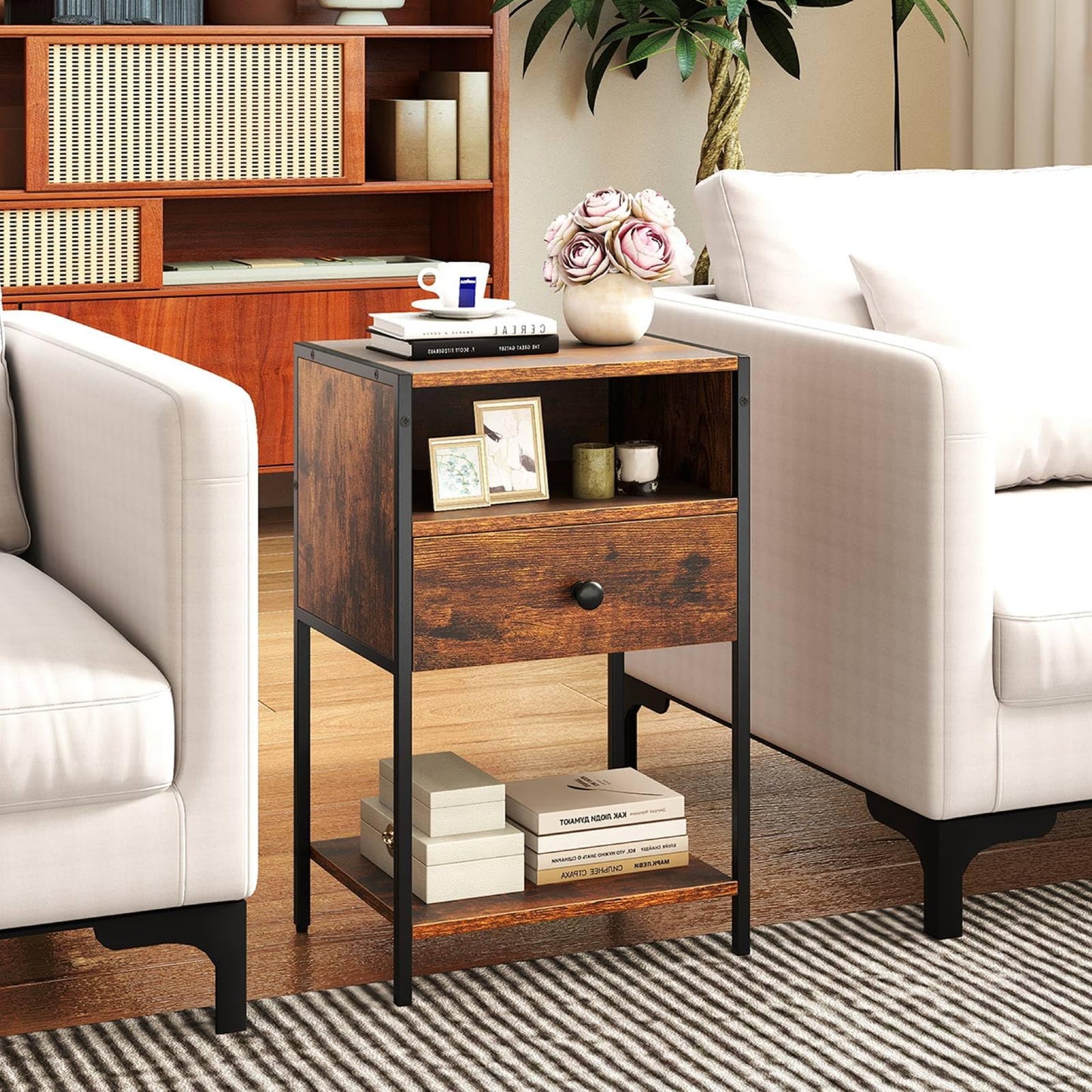 Nightstand with Open Compartment and Storage Shelf