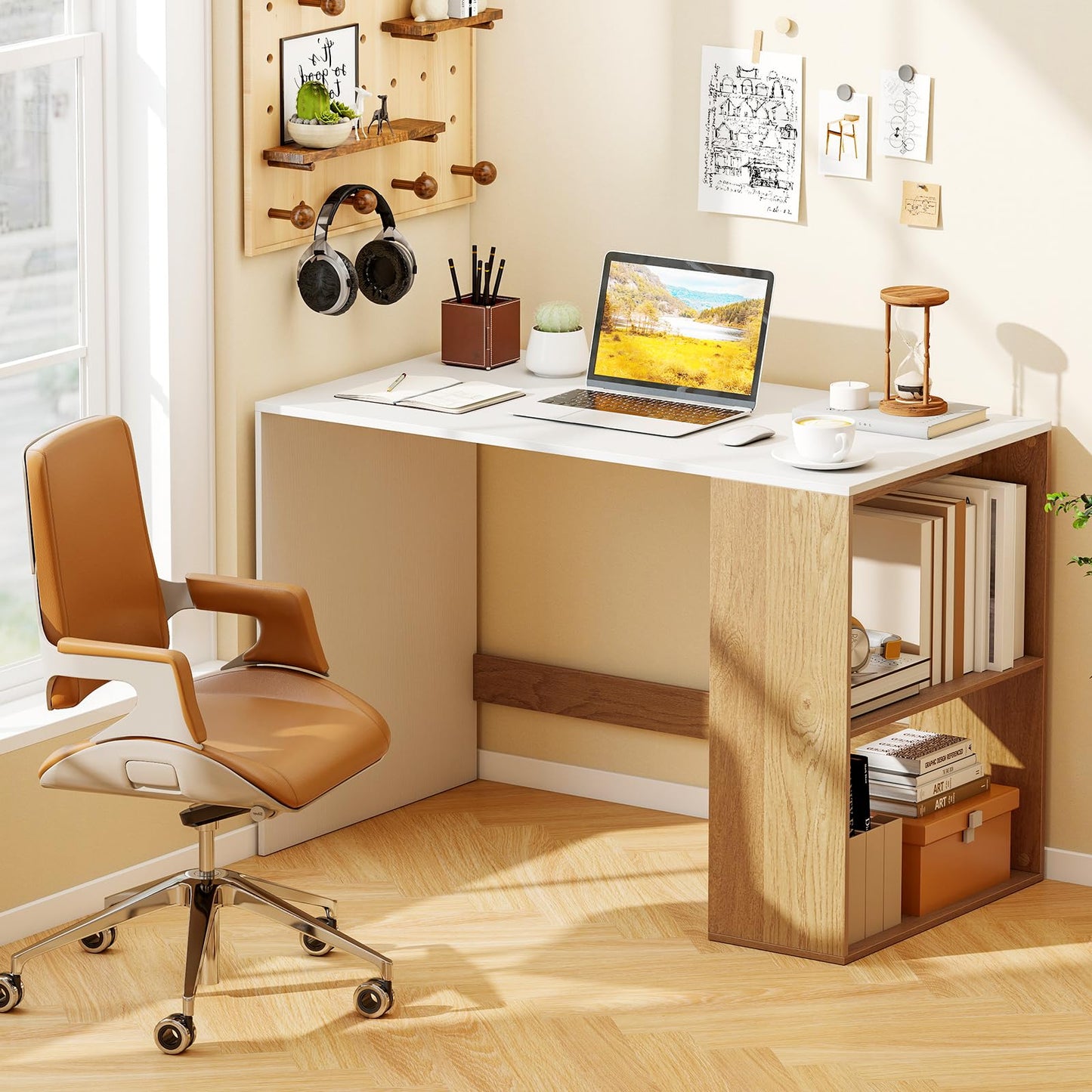 Modern Wooden Office Desk with Storage and 2 Open Shelves