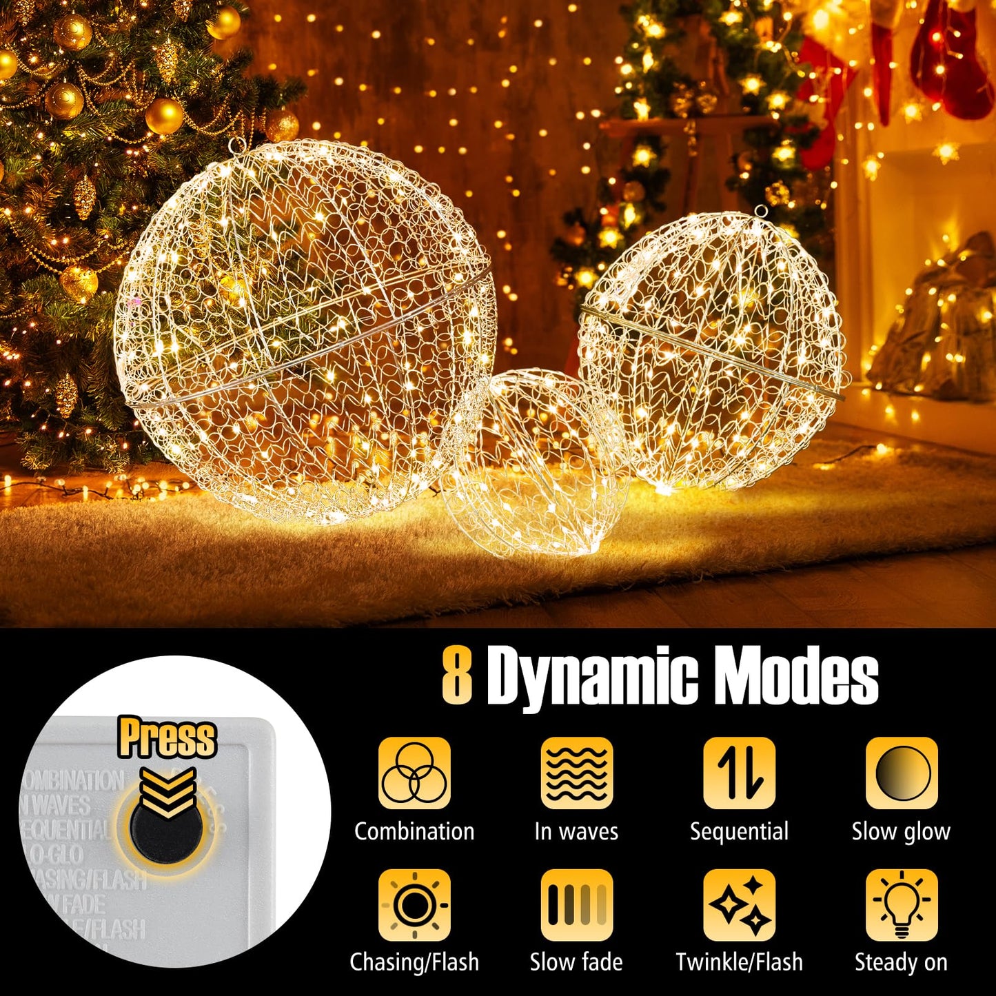 3 Pieces Lighted Christmas Balls with Light Color and 8 Dynamic Modes