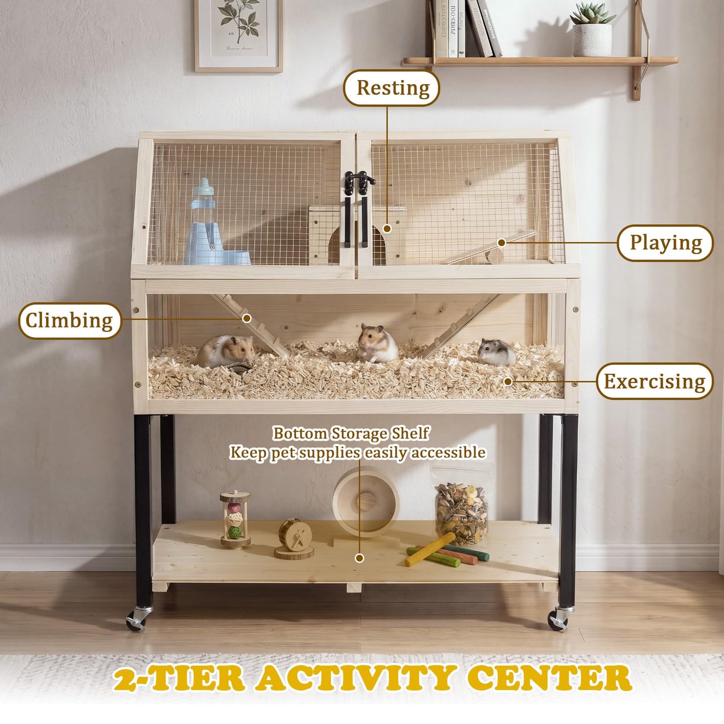 Wooden Hamster Cage, 2-Tier Small Animal House with Acrylic Windows