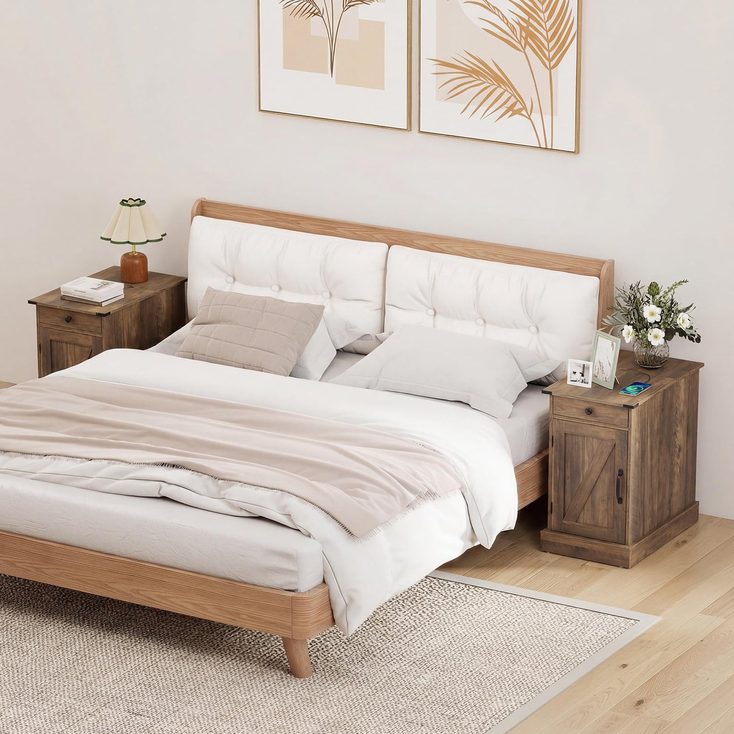 End Table with Charging Station Farmhouse Bedside Table with Storage Drawer