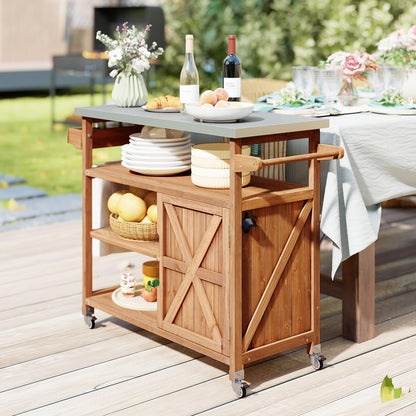 Wooden Grill Cart with Storage Outdoor Kitchen Island with Stainless Steel Top