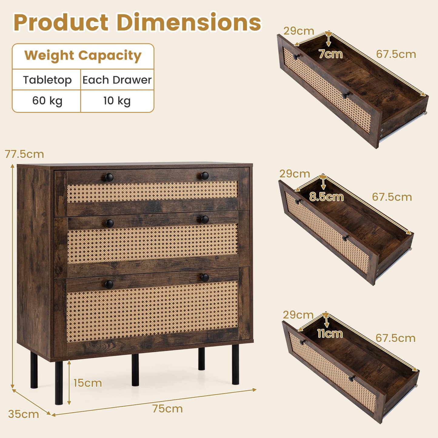 Chest of Drawers, 3-Drawer Boho Storage Dresser (Rustic Brown) | 75 cm Rattan Dresser Organizer Unit