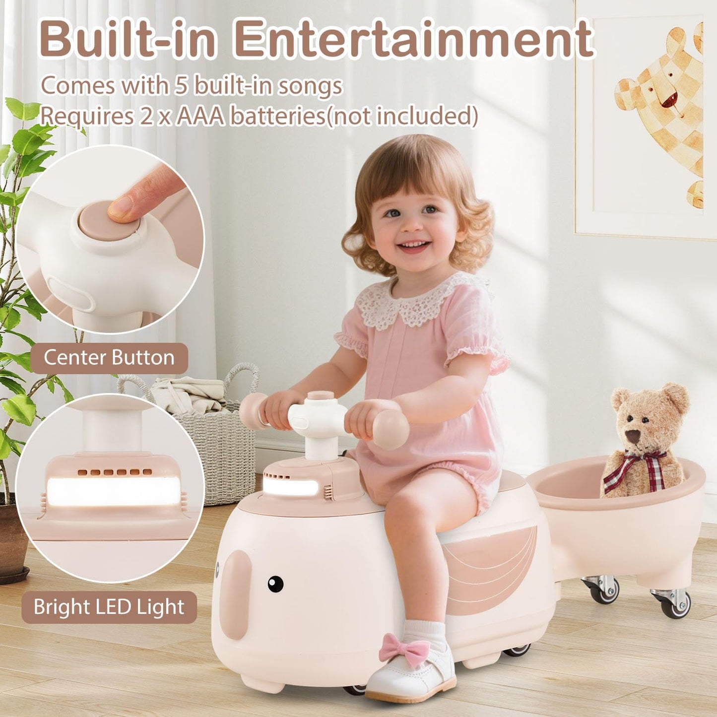 Toddler Ride on Toy with Trailer Sliding Car with Light and Music