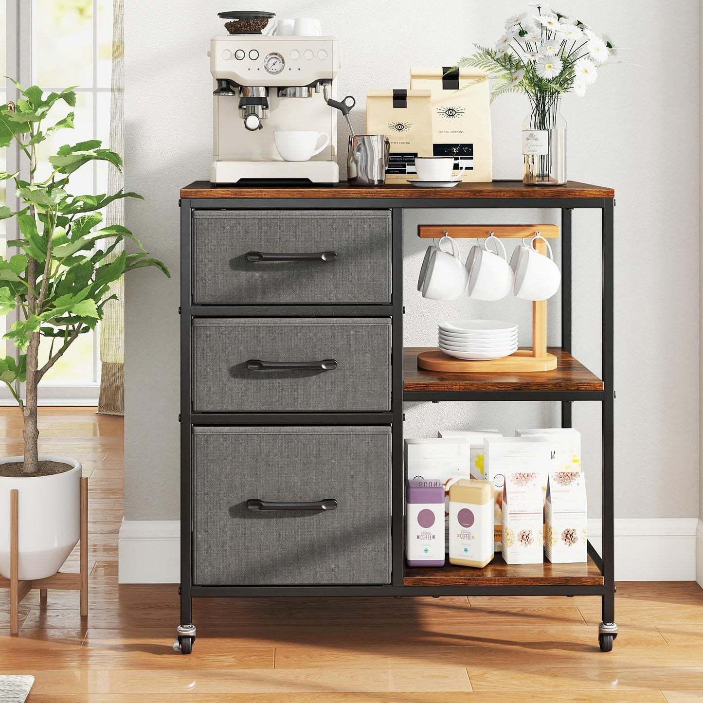 3-Drawer Mobile File Cabinet, Lateral Stationery Wooden Storage Cabinet
