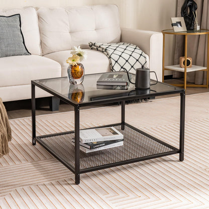 Giantex Square Coffee Table Tempered Glass Sofa Side Table with Adjustable Foot Pads ((with Mesh Shelf)