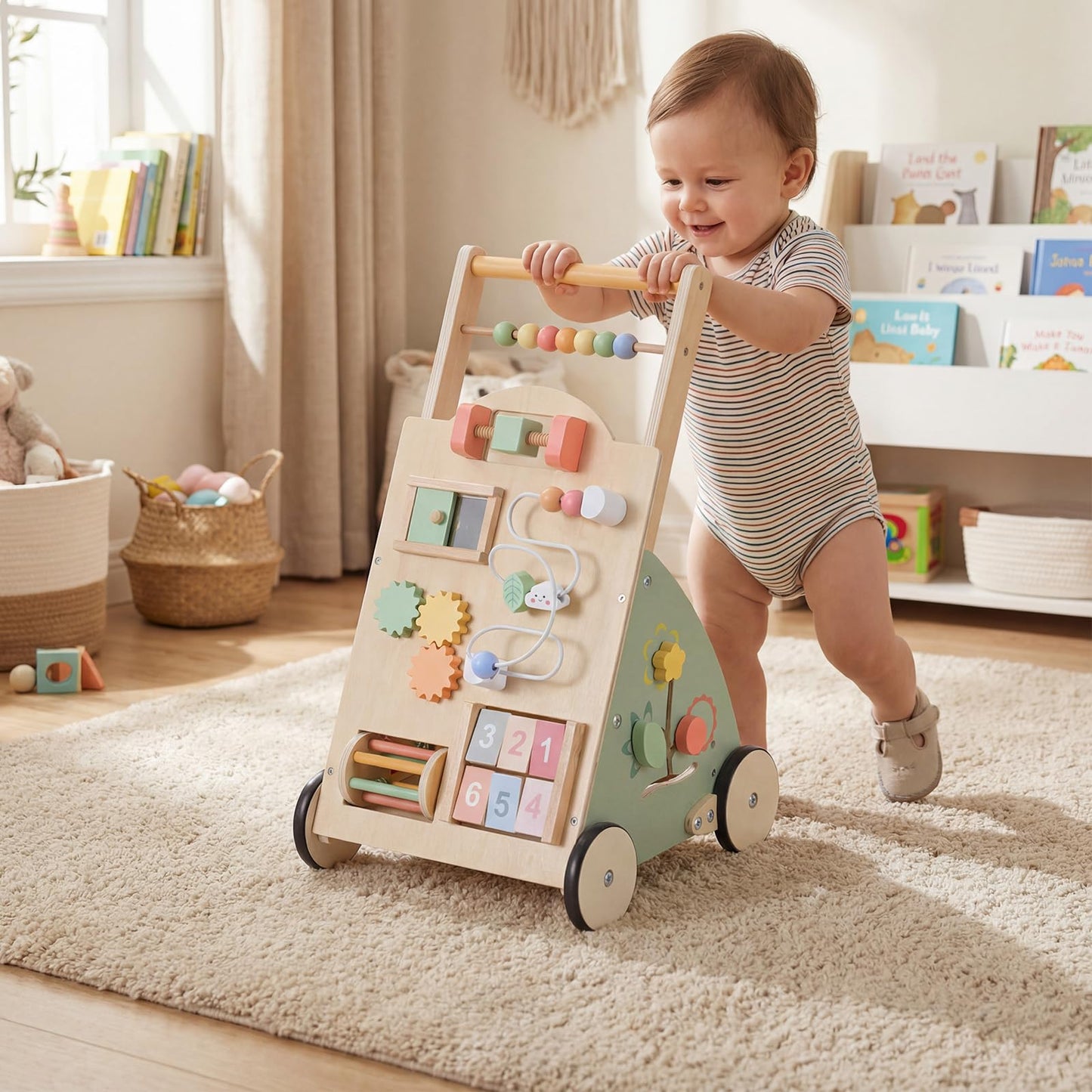 Wooden Baby Walker, 10 in 1 Toddler Push Along Toy with Activity Center