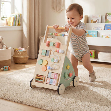 Wooden Baby Walker, 10 in 1 Toddler Push Along Toy with Activity Center