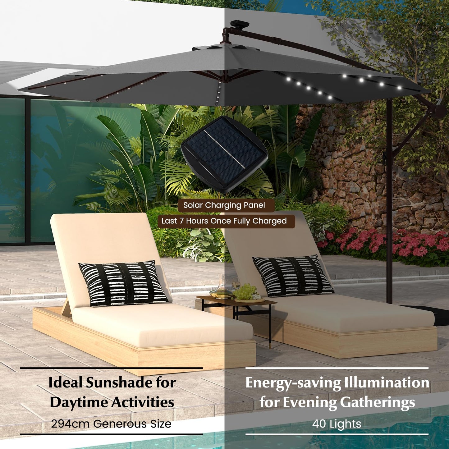 294 cm Solar Patio Offset Umbrella Cantilever Umbrella with 40 LED Lights
