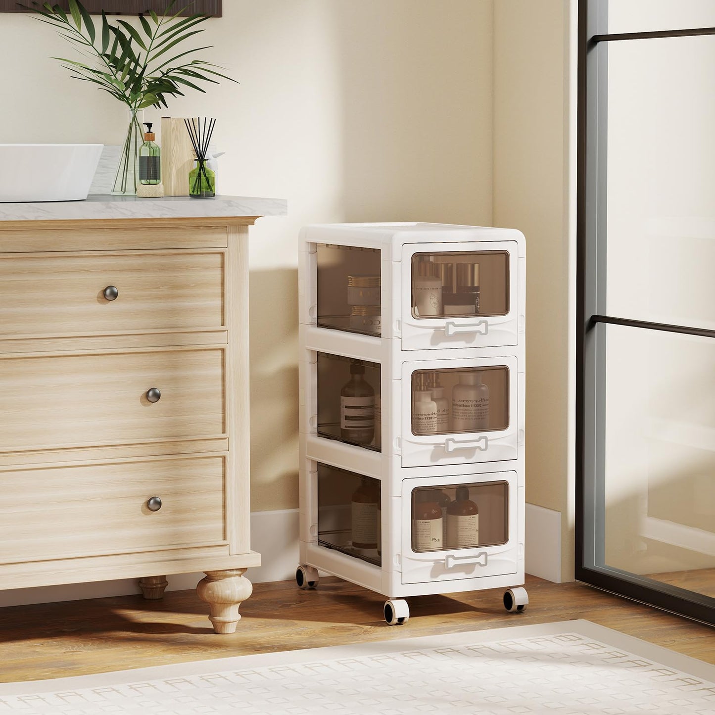 Slim Bathroom Floor Cabinet with 3/4/5 Drawers on Wheels (3-Tier) | Narrow Bathroom Storage Unit