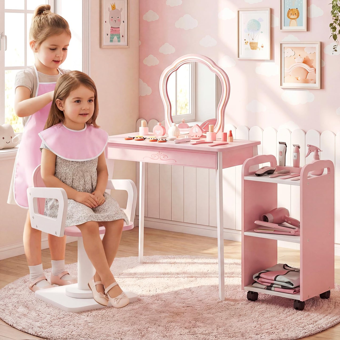 Kids Hair Salon Play Set with LED Lighted Mirror Wooden Pretend Hair Salon Station