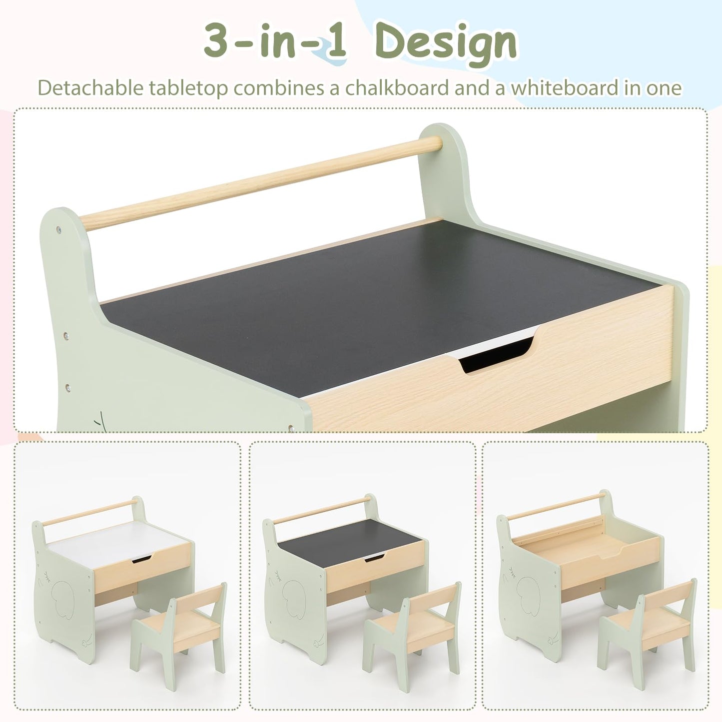 Giantex Kids Table and Chair Set Wooden Children Table with Reversible Blackboard Tabletop