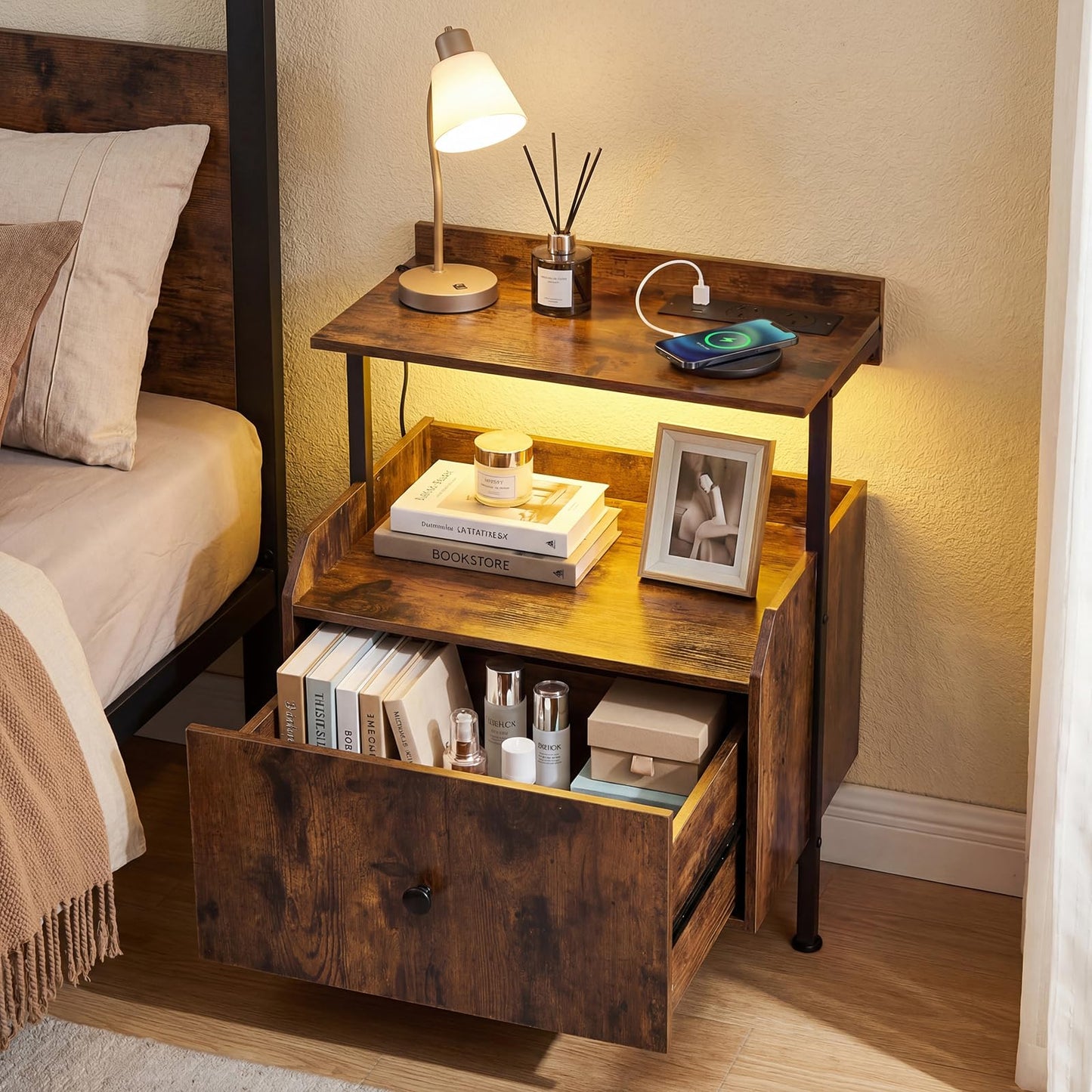 Nightstand Bedside Table with Charging Station and LED Light