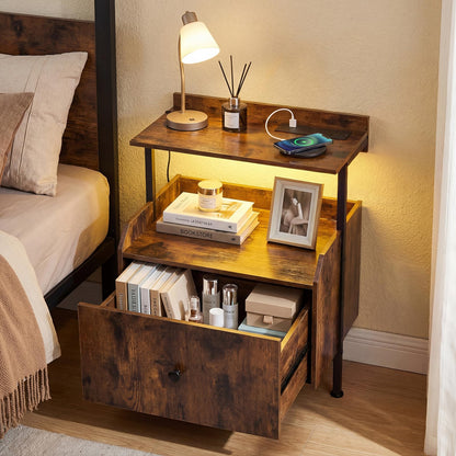 Nightstand Bedside Table with Charging Station and LED Light