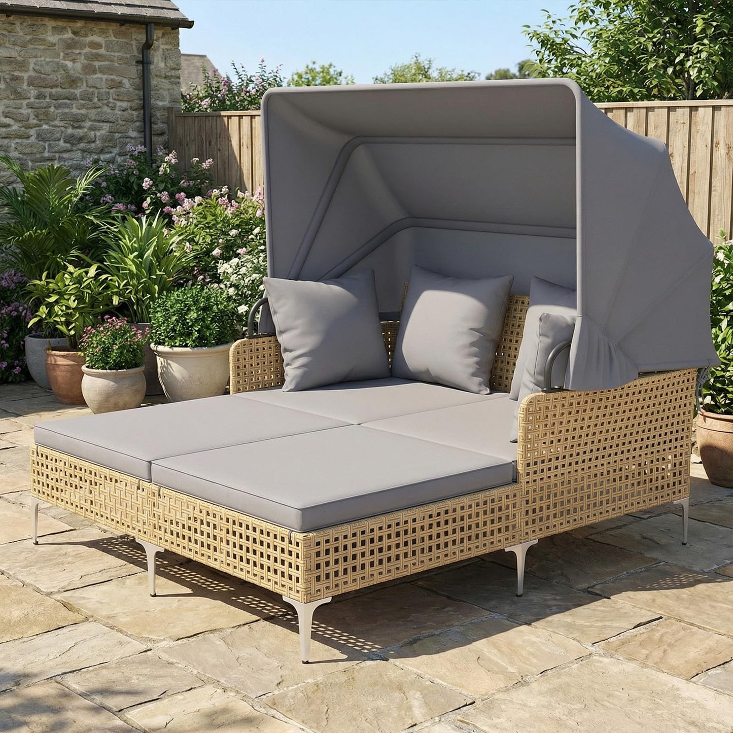 Garden Rattan Daybed, Patio Double Chaise Lounger Sun Bed with Retractable Canopy
