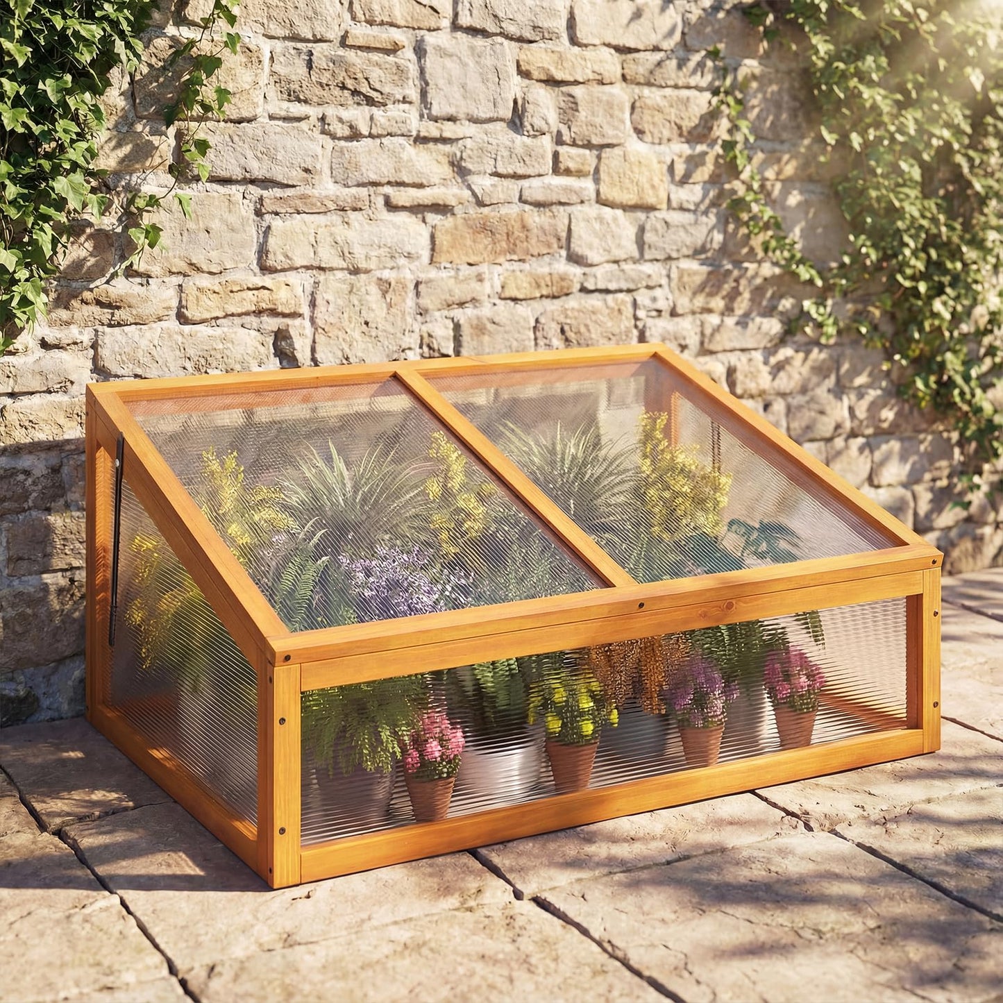 Wood Greenhouse, Garden Polycarbonate Cold Frame with Transparent Flip-top Roof