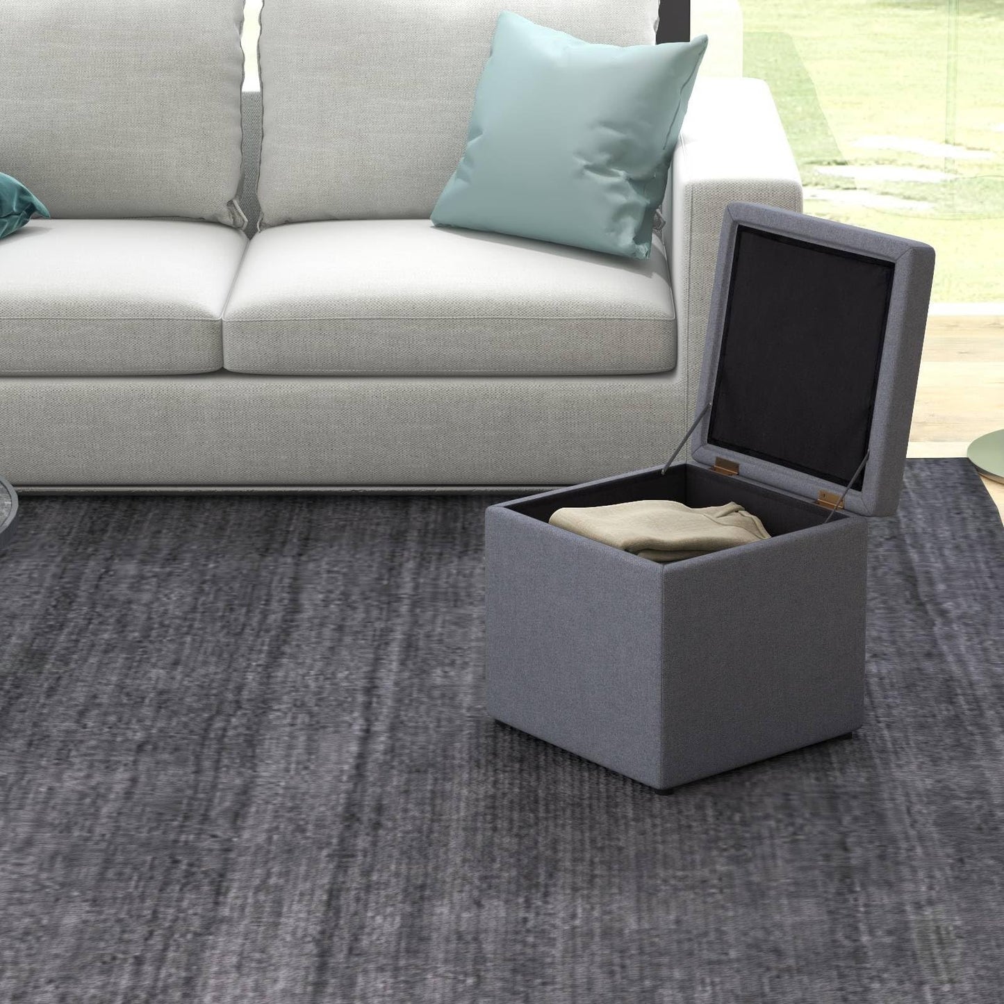 40 cm Square Storage Ottoman Linen Fabric Footstool with Lid