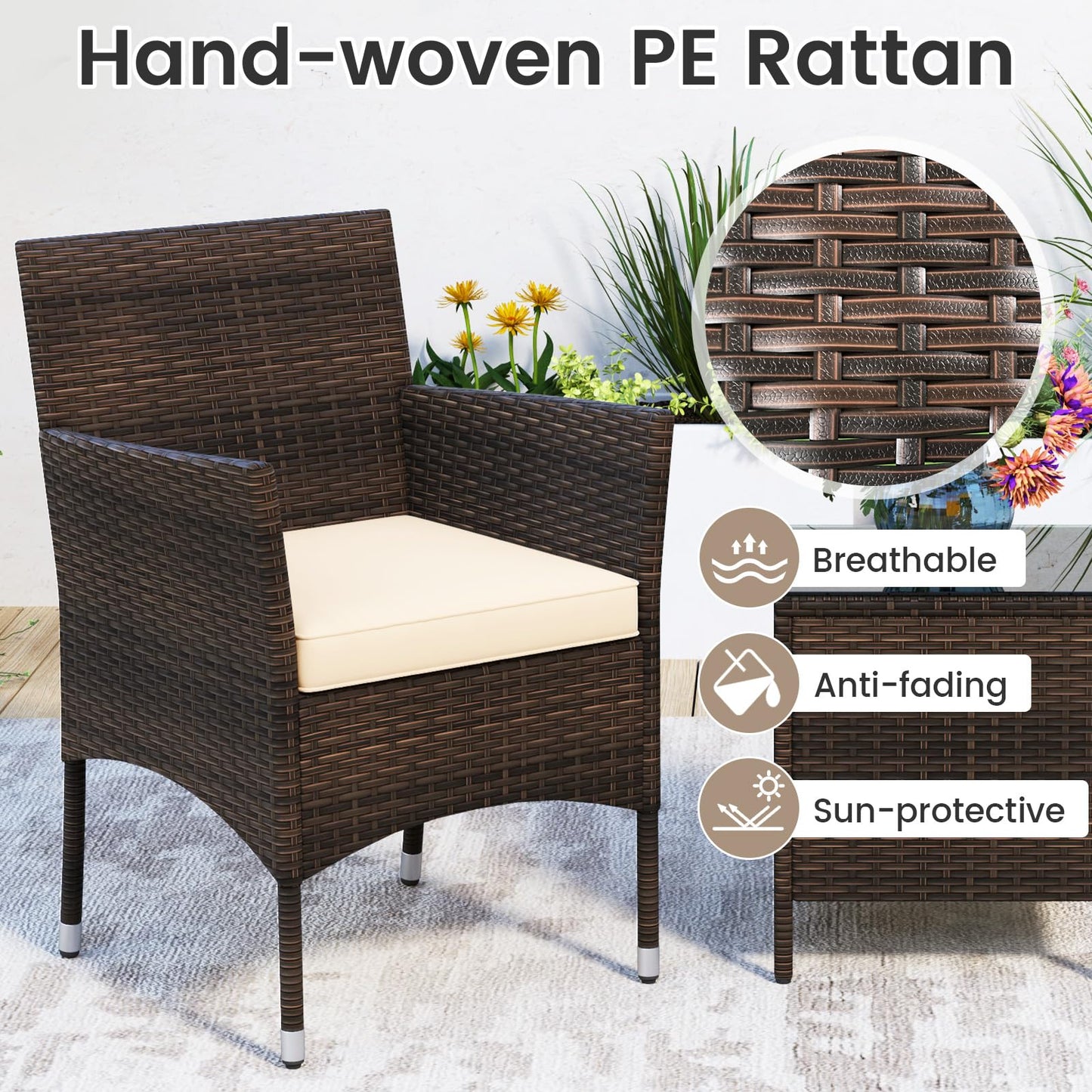 3 Pieces Patio Rattan Furniture Set with Soft Cushions and Glass Top Table