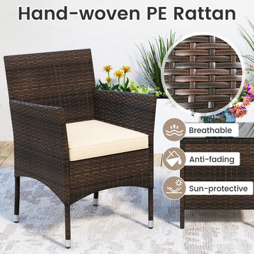 3 Pieces Patio Rattan Furniture Set with Soft Cushions and Glass Top Table
