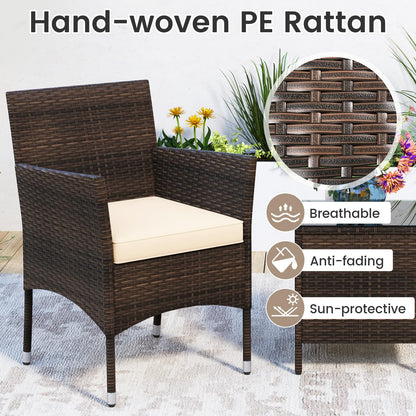 3 Pieces Patio Rattan Furniture Set with Soft Cushions and Glass Top Table
