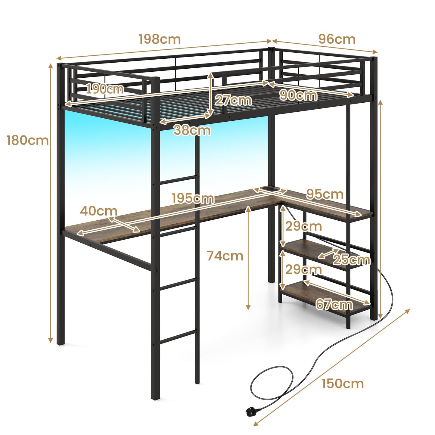 3FT Metal Frame Ladder Loft Bed with RGB LED Lights