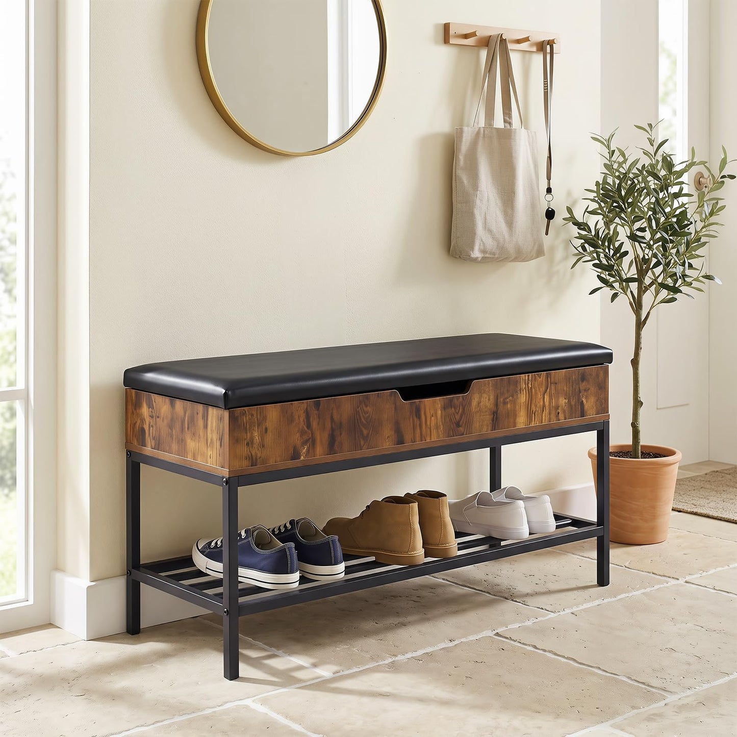 100cm Flip-Top Shoe Bench with Padded Seat, Hidden Storage, Shelf