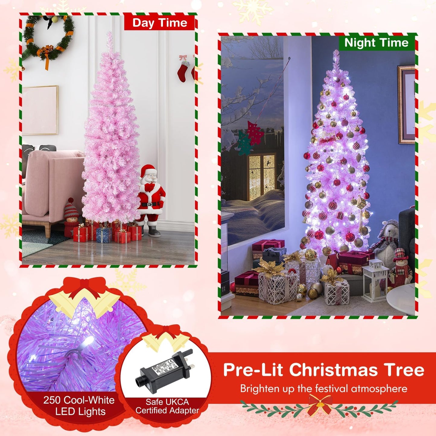180 cm Pink Slim Xmas Tree with 475 Branch Tips and 250 Cold White LED Lights