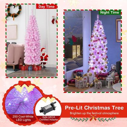 180 cm Pink Slim Xmas Tree with 475 Branch Tips and 250 Cold White LED Lights