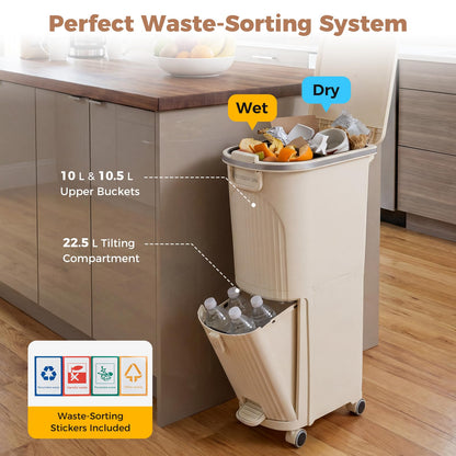 Recycling Bins, 43L Dry and Wet Separation Trash Can with 3 Compartments