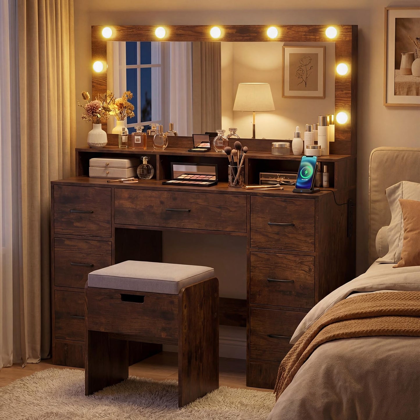 Dressing Table with Large Mirror and Cushioned Storage Stool