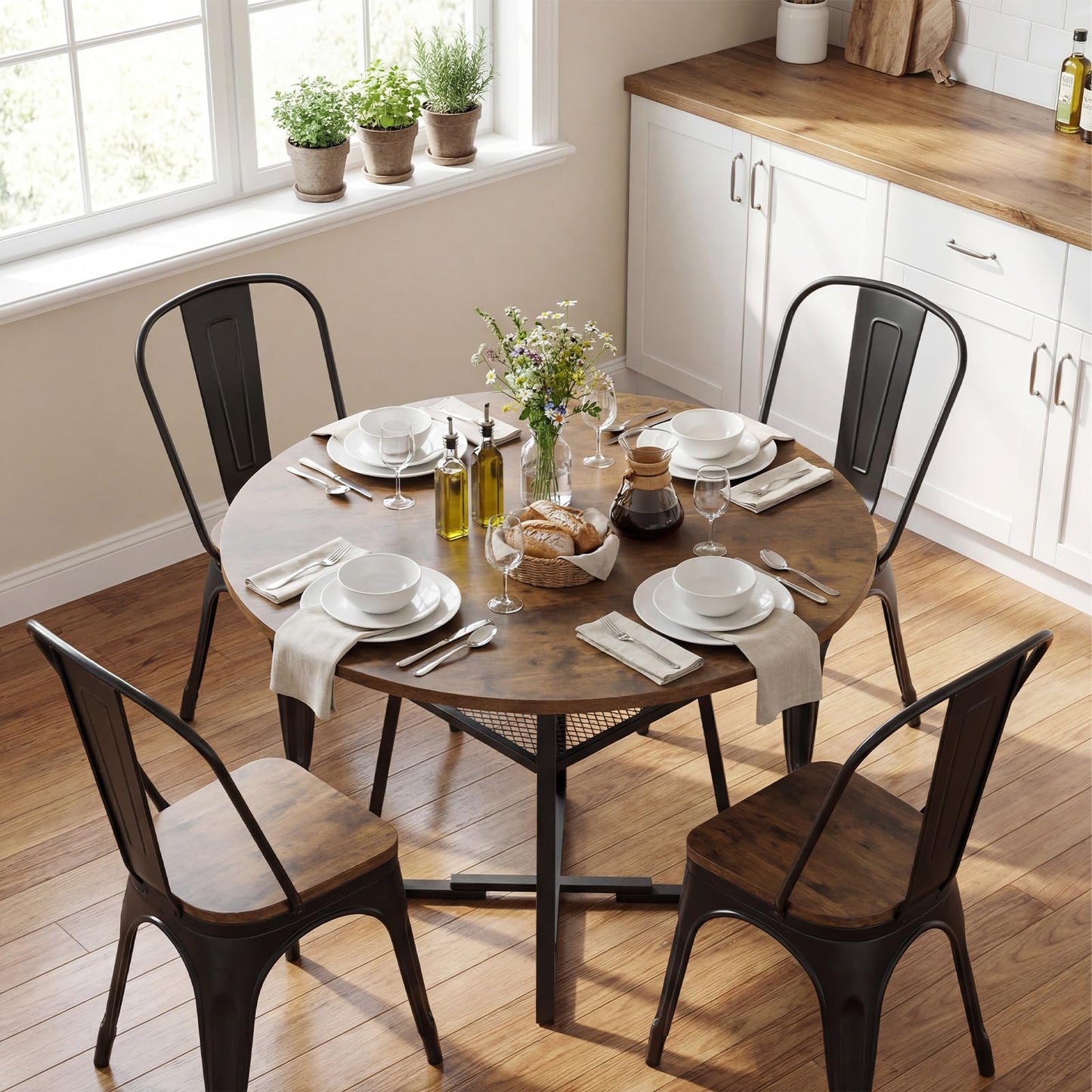 Round Dining Table for 4-6 120 CM Dining Room Table with Storage Shelf and Metal Legs