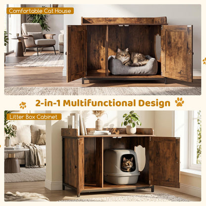 Cat Litter Box Enclosure with 2 Barn Doors Metal Legs and Side Entrance