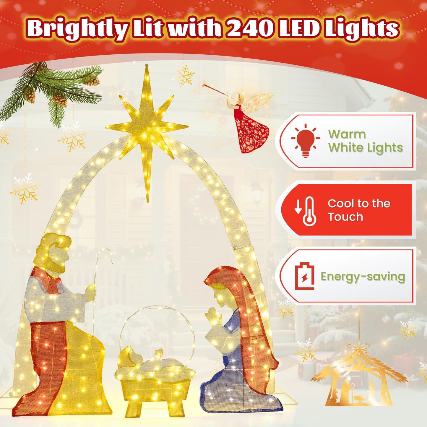 6 Ft Lighted Nativity Scene with 240 Warm White LED Lights