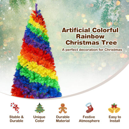 GiantexUK 7FT Rainbow Christmas Tree, Colorful Hinged Artificial Xmas Tree with 1213 Branch Tips & Metal Stand