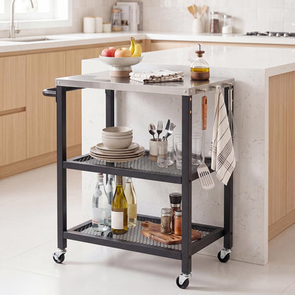 Outdoor Grill Cart on Wheels, Pizza Oven Stand Serving Trolley with Stainless Steel Top, Handle and Hooks