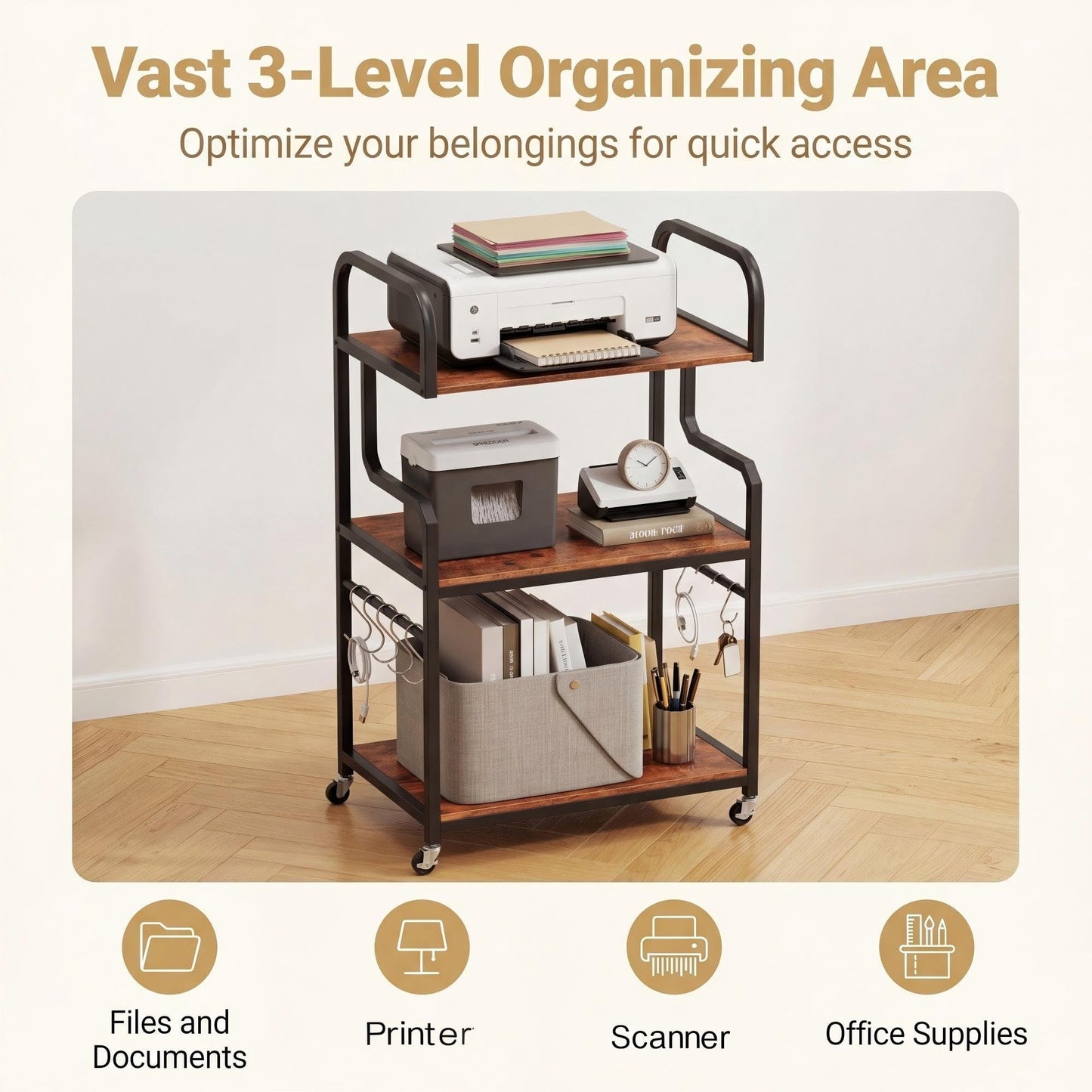3-Tier Rolling Printer Stand with Storage Shelves and Hooks