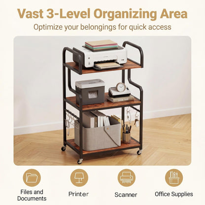3-Tier Rolling Printer Stand with Storage Shelves and Hooks