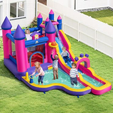 Inflatable Water Slide, Princess Themed Water Park with Long Slide, Jumping Area, Climbing Wall, Splash Pool, Basketball Hoop