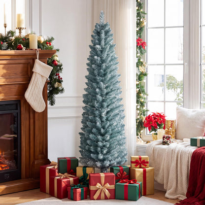 5FT/6FT/7FT Green Pencil Slim Christmas Tree, Traditional Artificial Pine Xmas Tree