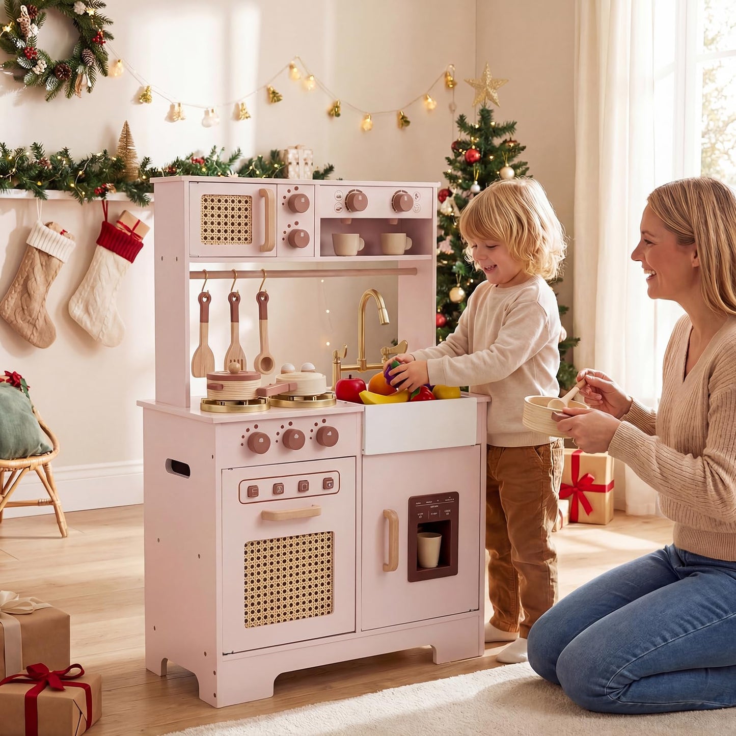 Kids Play Kitchen, Wooden Toy Kitchen with Stoves