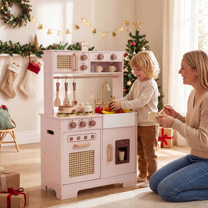 Kids Play Kitchen, Wooden Toy Kitchen with Stoves